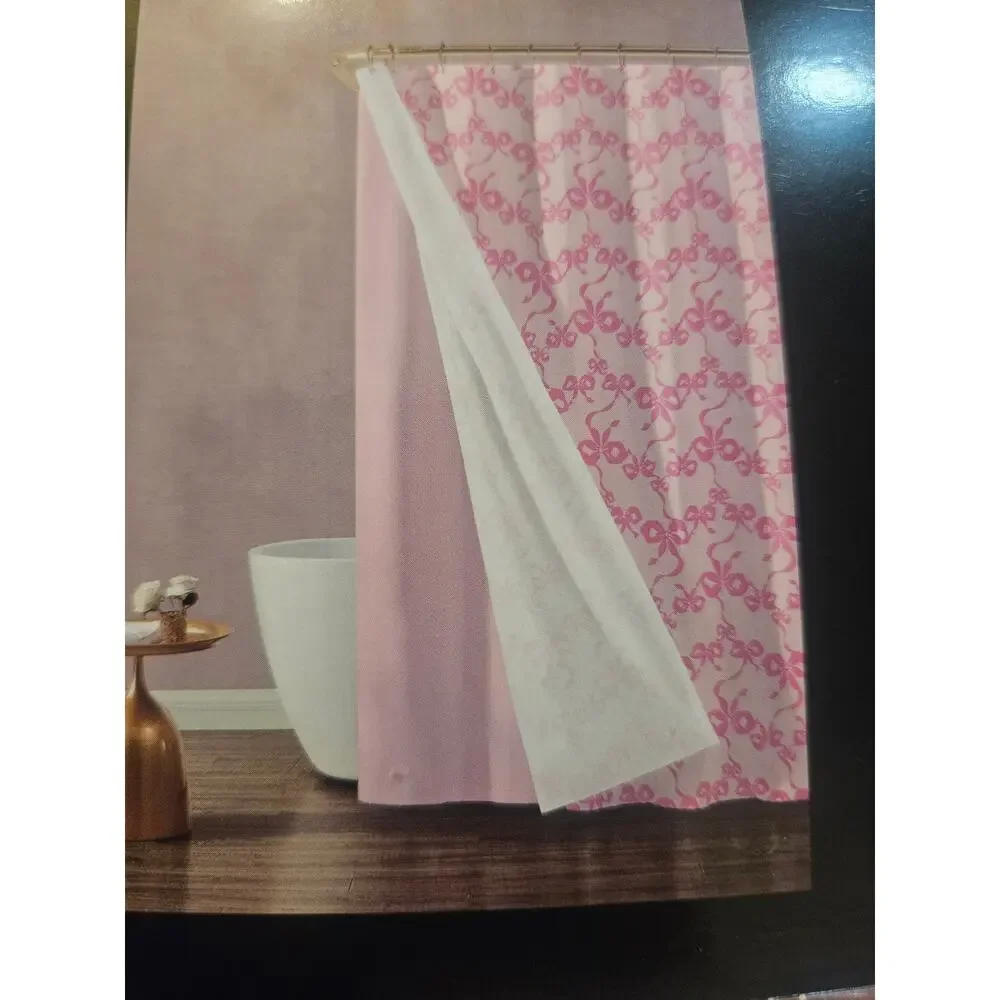 Betsey Johnson 14 piece shower curtain set pink with bows ribbons NWT liner